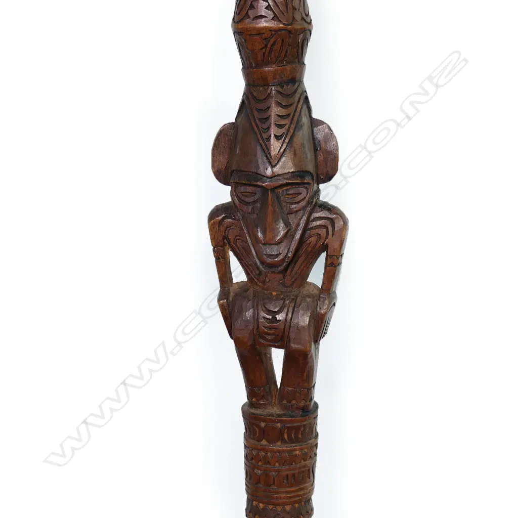 Massim PNG three-figure carved ornate stick w snake to base, Image 1++